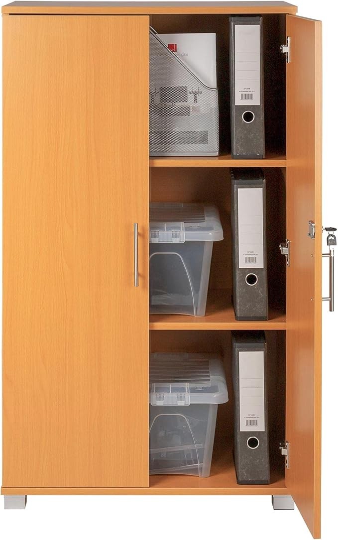 Tall Beech Wood Storage Cabinet 2 Door Lockable Cupboard for Home Office Kitchen