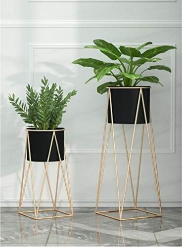 Modern Metal Planter Stand with Pot, Tall Indoor Flower Plant Holder, Black Gold