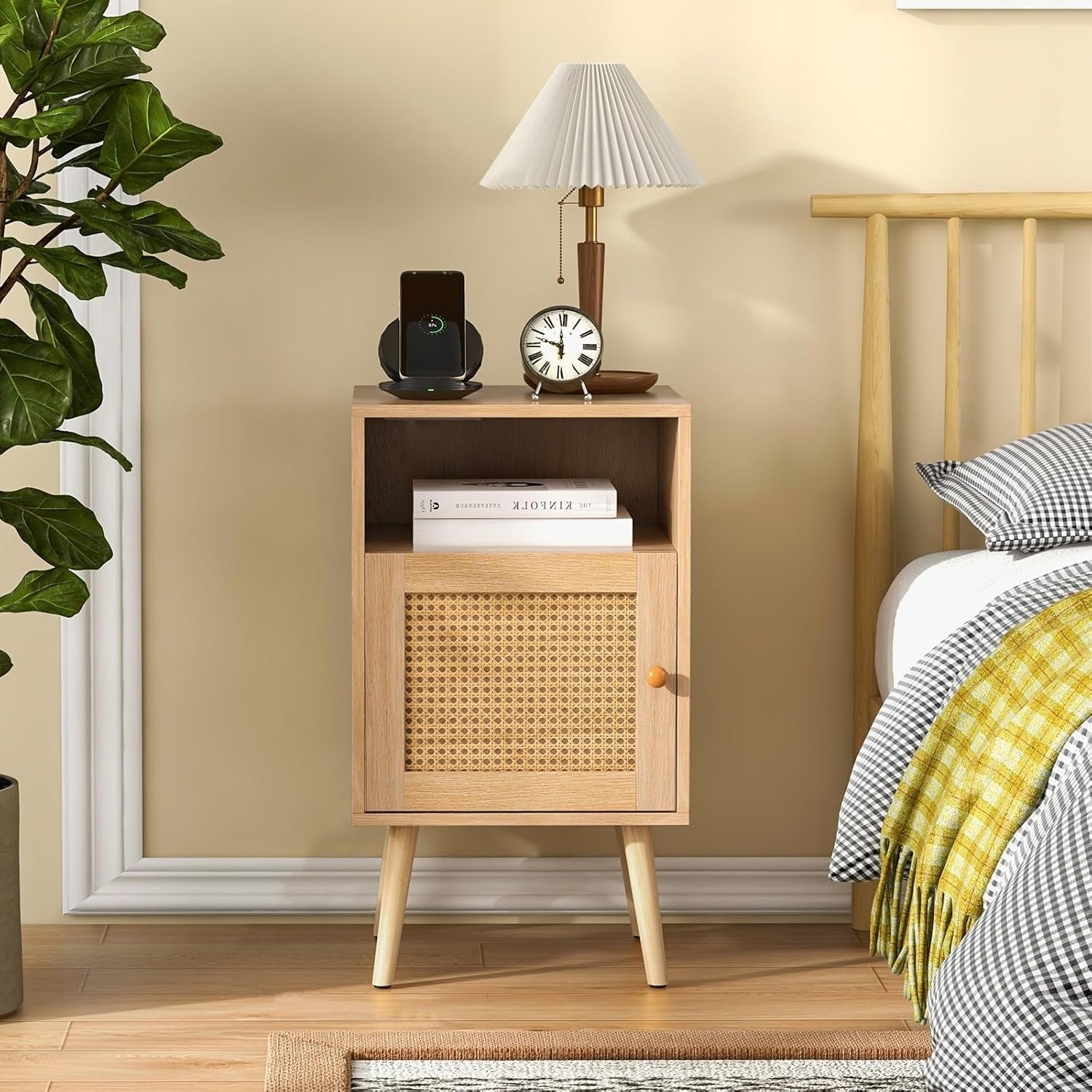Set of 2 Natural Wood Bedside Tables with Rattan Door & Shelf