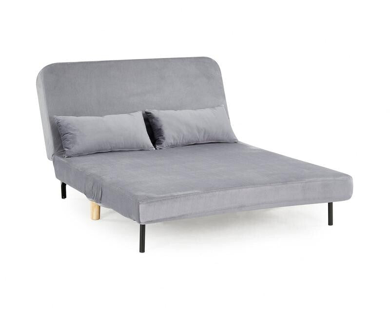 Grey Velvet 2-Seater Sofa Bed Futon Recliner w/ Wooden Legs Pillows