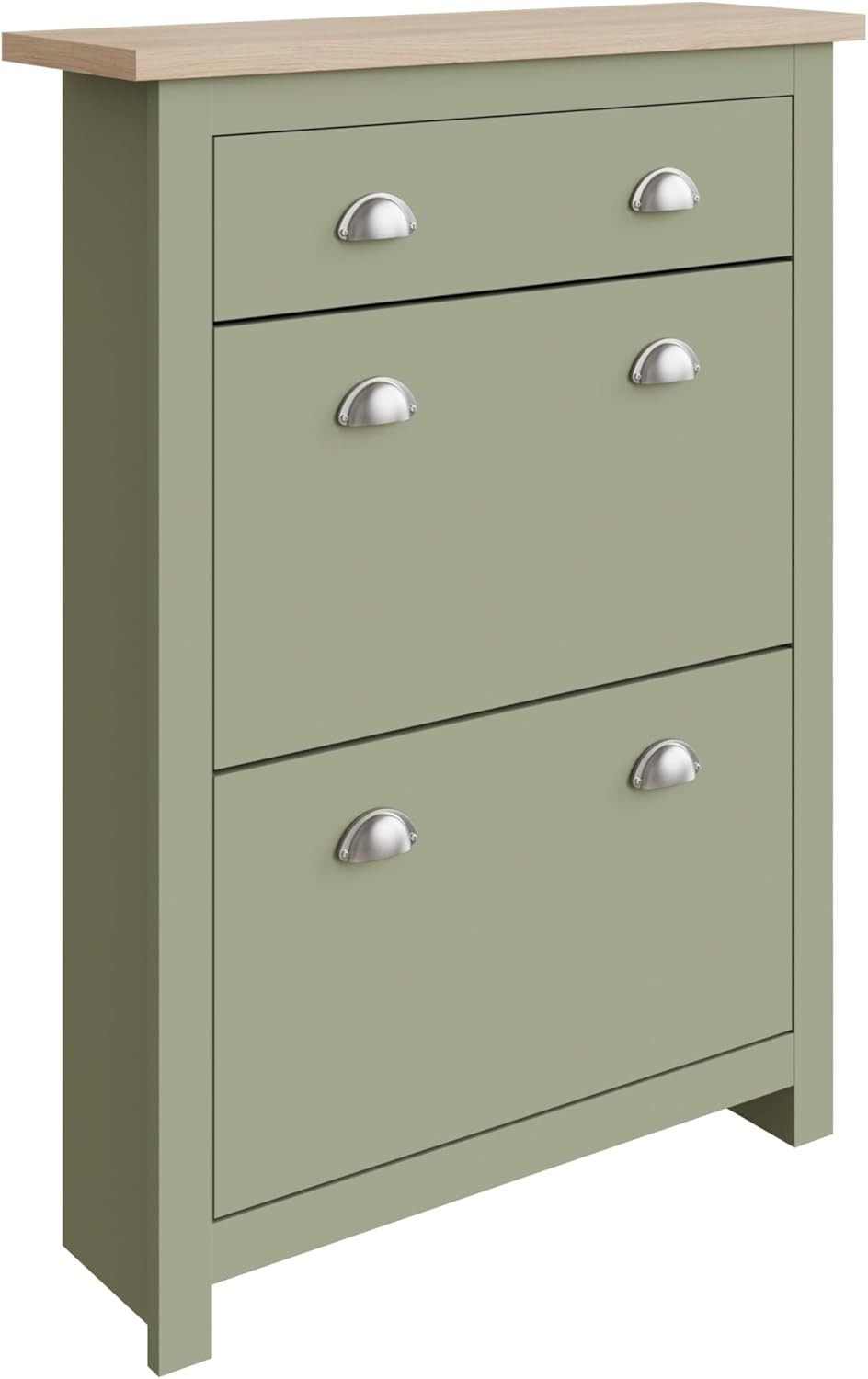 Slim Wooden Shoe Cabinet with Drawer – Oak Effect, 12 Pair Storage, Sage Green