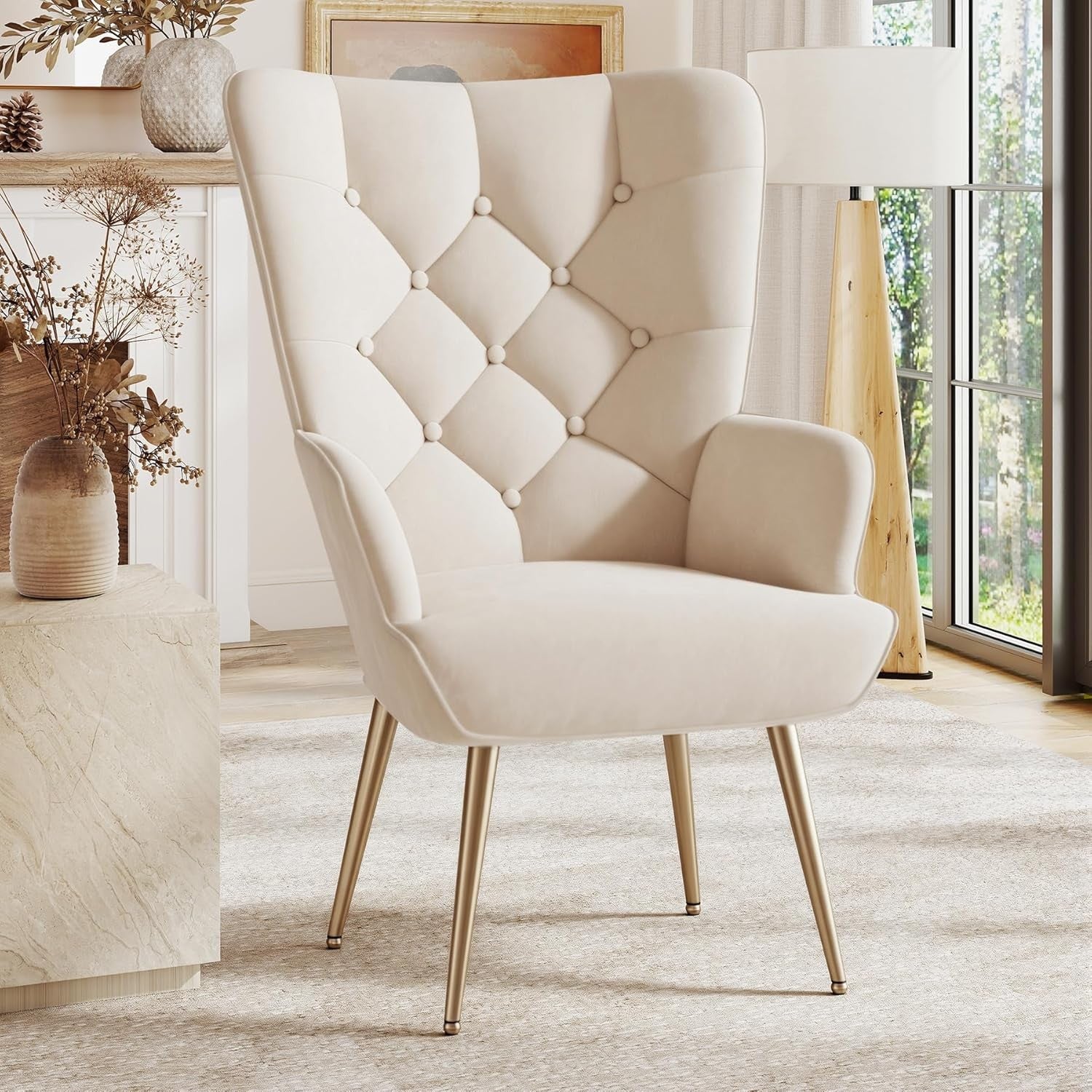 Velvet High Back Armchair with Footstool Gold Legs Cream