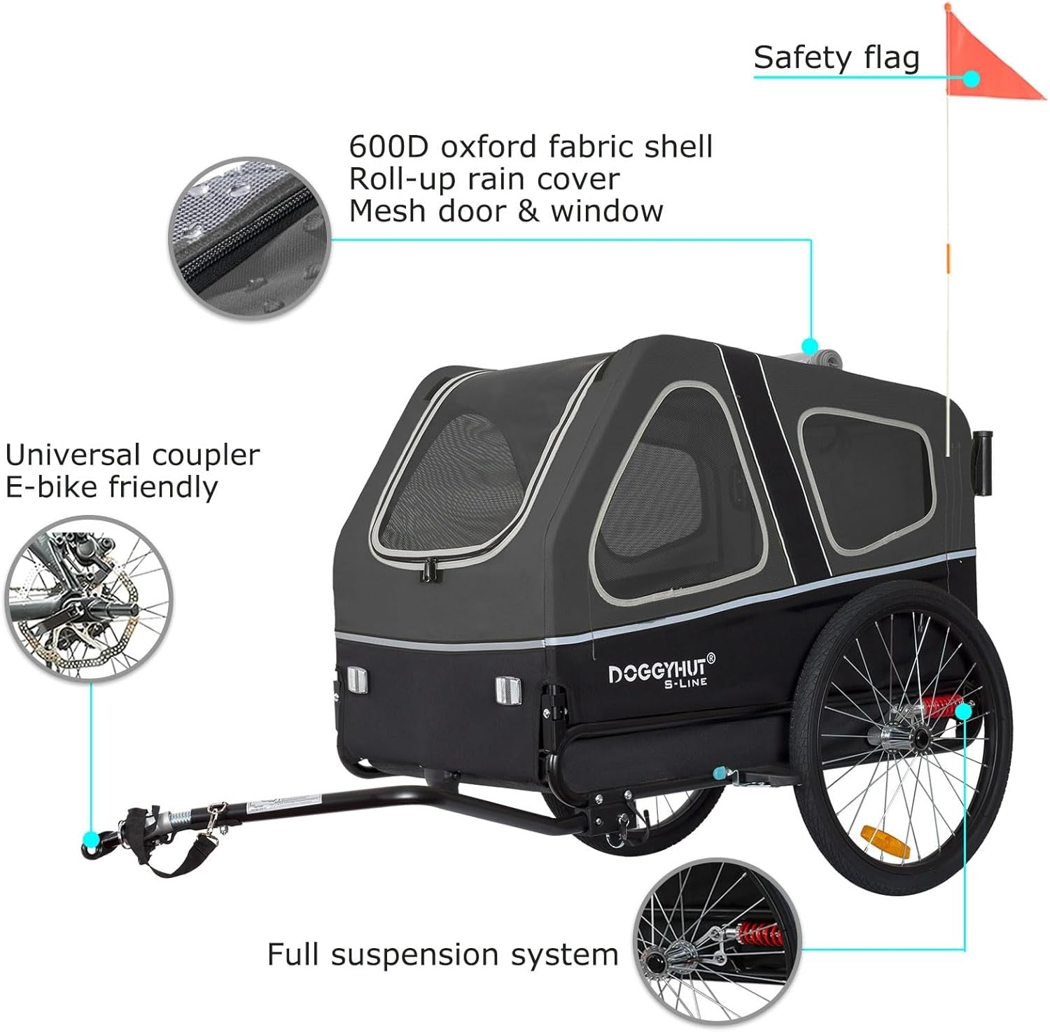 Dog Bike Trailer Stroller 45kg Heavy Duty Folding Cart Grey Black Suspension