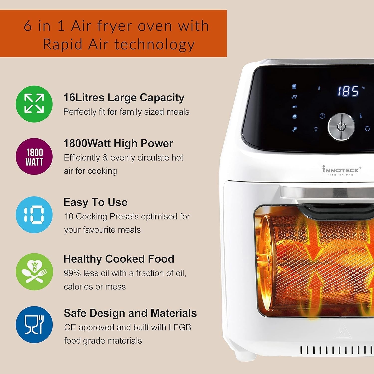 16L Air Fryer Oven Rotisserie 1800W 10 Presets Touchscreen Window white