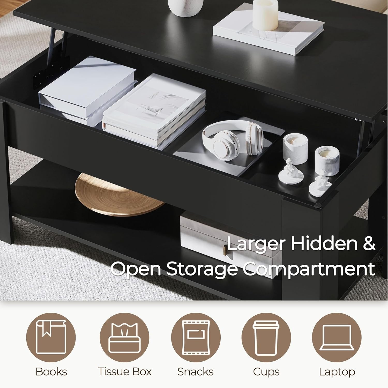 Lift Top Coffee Table Adjustable Height Hidden Storage Shelf Black 120x60cm
