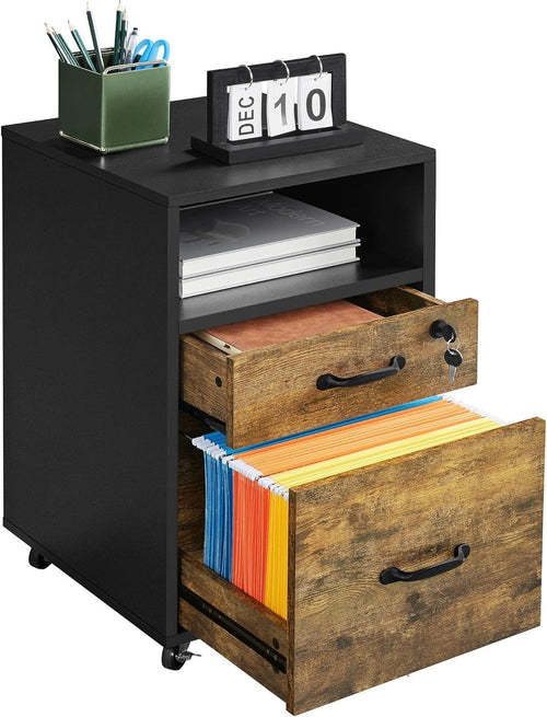 Rustic Brown Rolling File Cabinet 2 Drawer A4 Letter Printer Stand