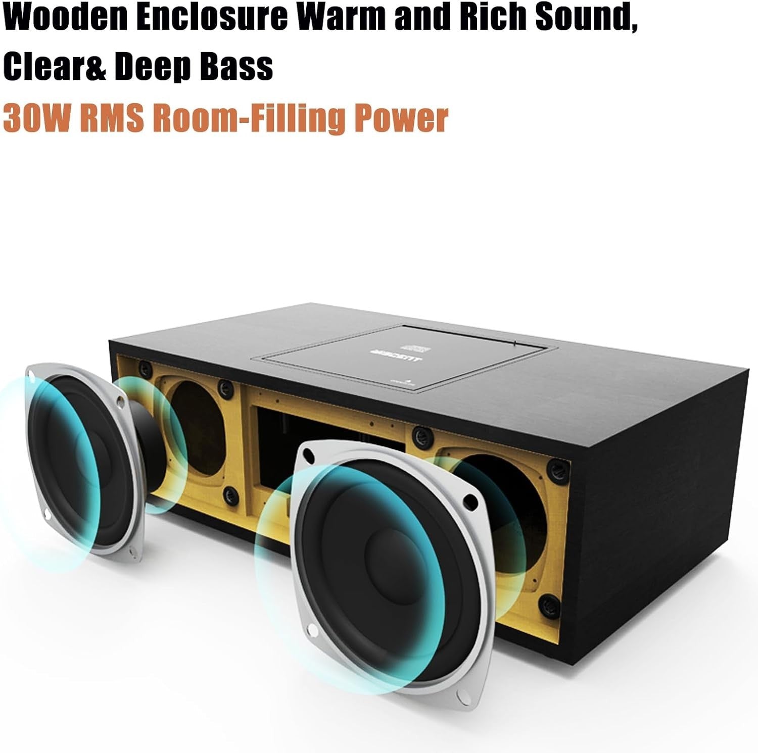 Retro Bluetooth CD Stereo System with USB, FM Radio, Wooden HiFi Speakers