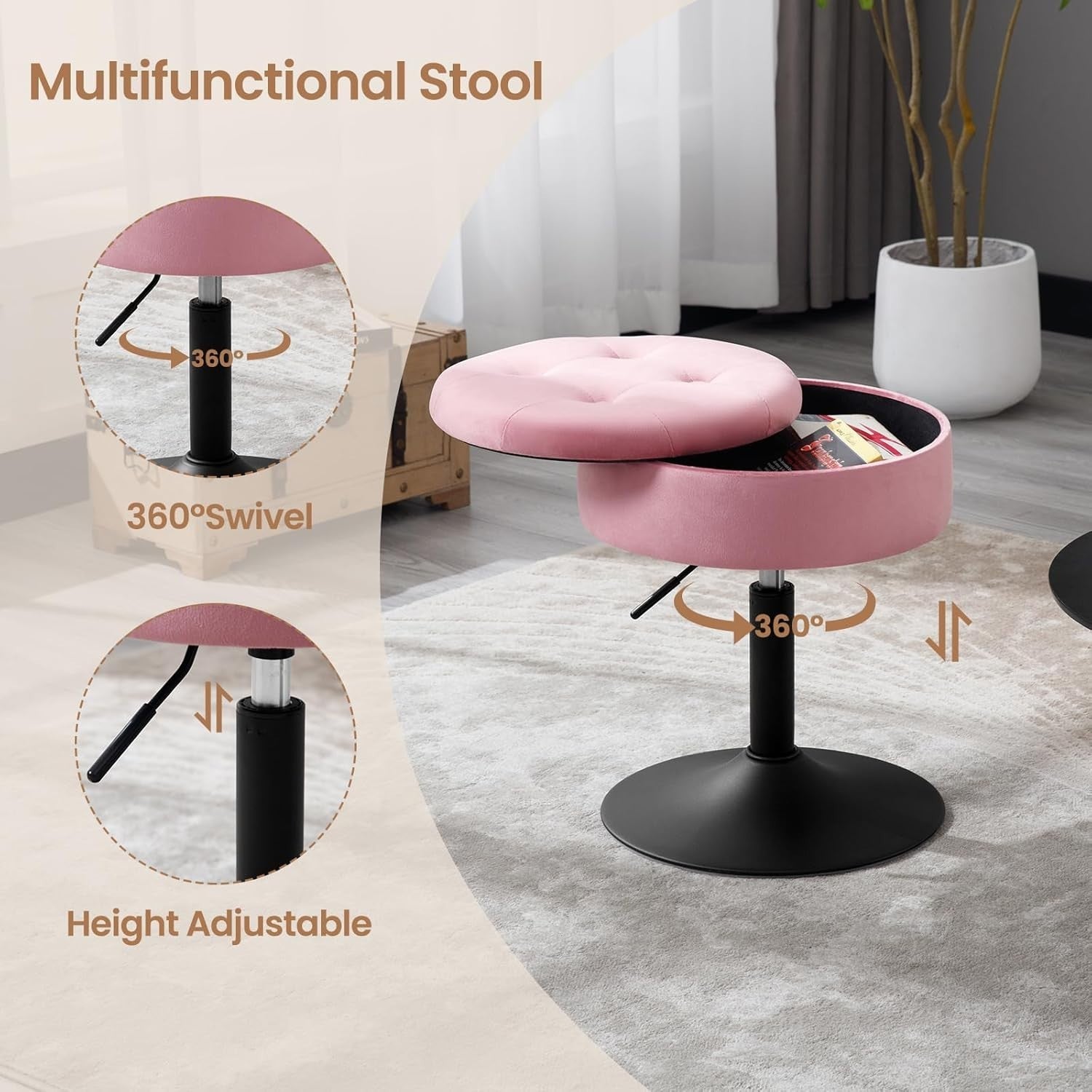 Pink Velvet Swivel Vanity Stool with Storage Round Adjustable Makeup Seat