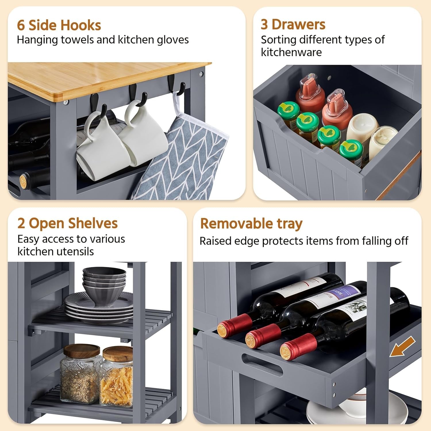 Kitchen Storage Trolley on Wheels with Drawers 3 Tier Rolling Island Cart
