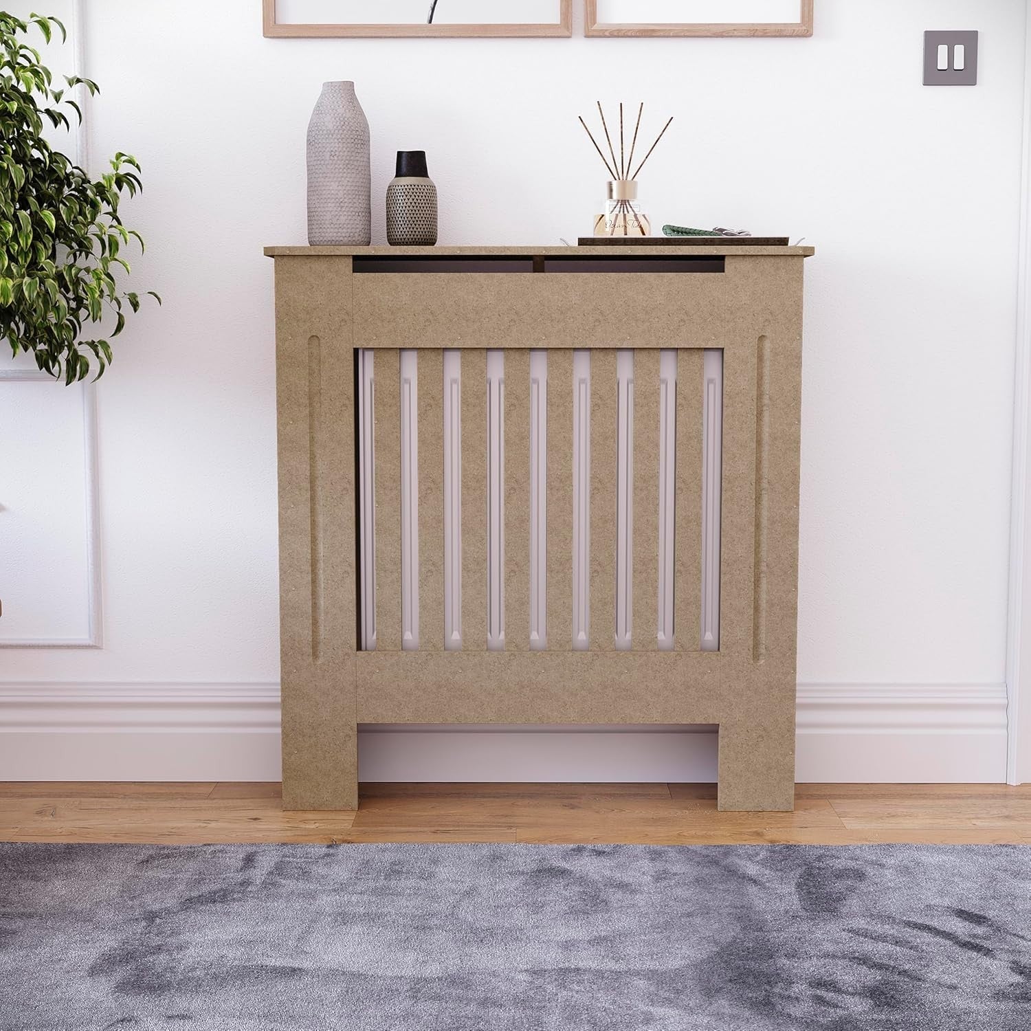 Small Unfinished Radiator Cover Cabinet | Modern Slatted MDF Heater Cover