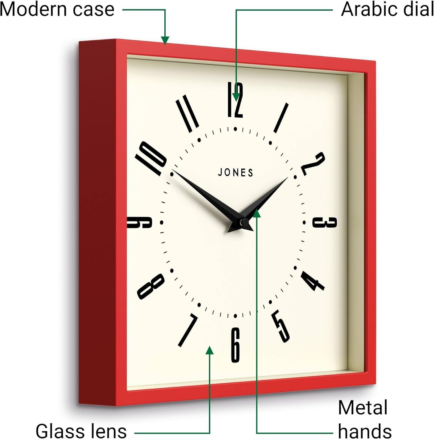 25cm Red Square Wall Clock Retro Silent Quartz Easy Read Numbers Kitchen Office