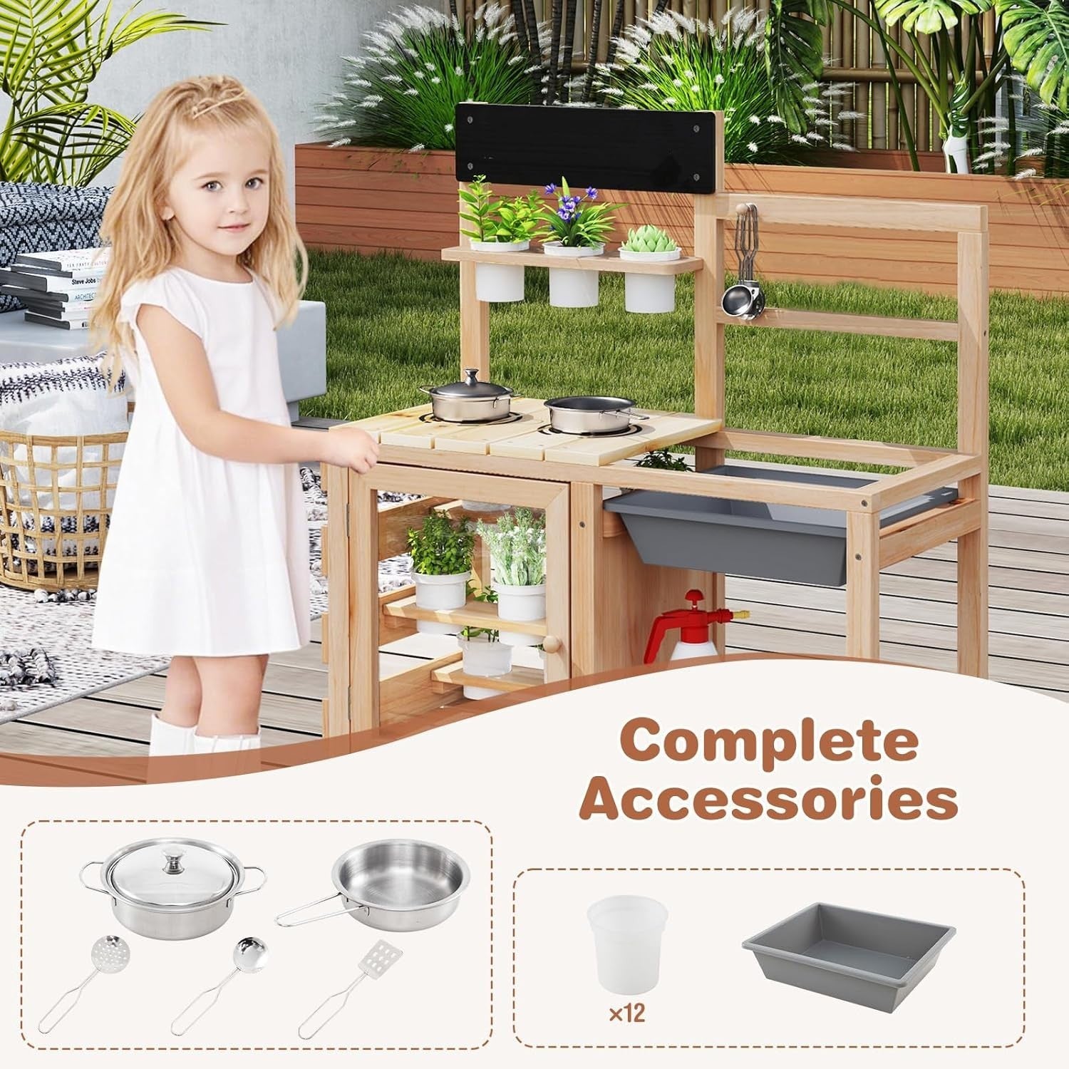 Kids Mud Kitchen Outdoor Wooden Play Kitchen Sink Gardening Toy Set