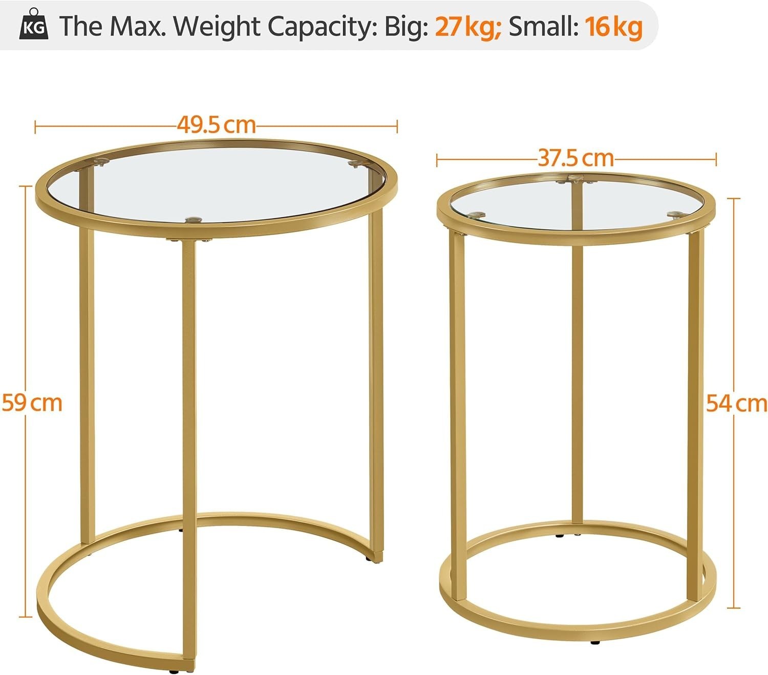 Gold Round End Table Set of 2 Modern Glass Nesting Coffee Side Tables Small Spac