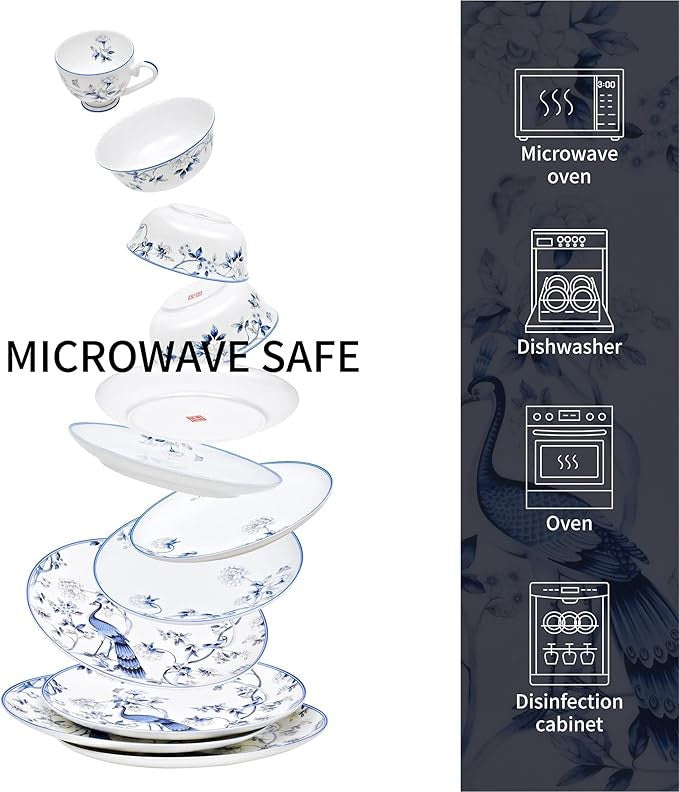 16pc Fine Bone China Dinnerware Set Blue White Plates Bowls Cups Service for 4