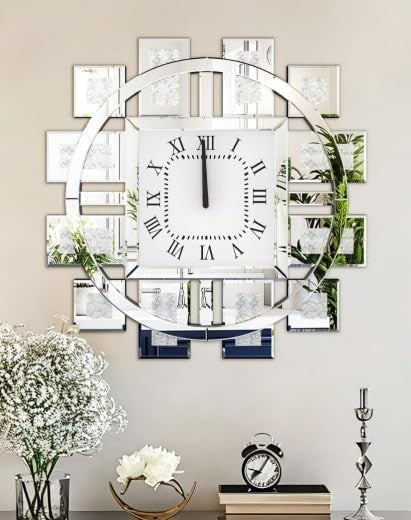 60cm Mirrored Wall Clock Crushed Diamond Inlay Roman Numerals Silent