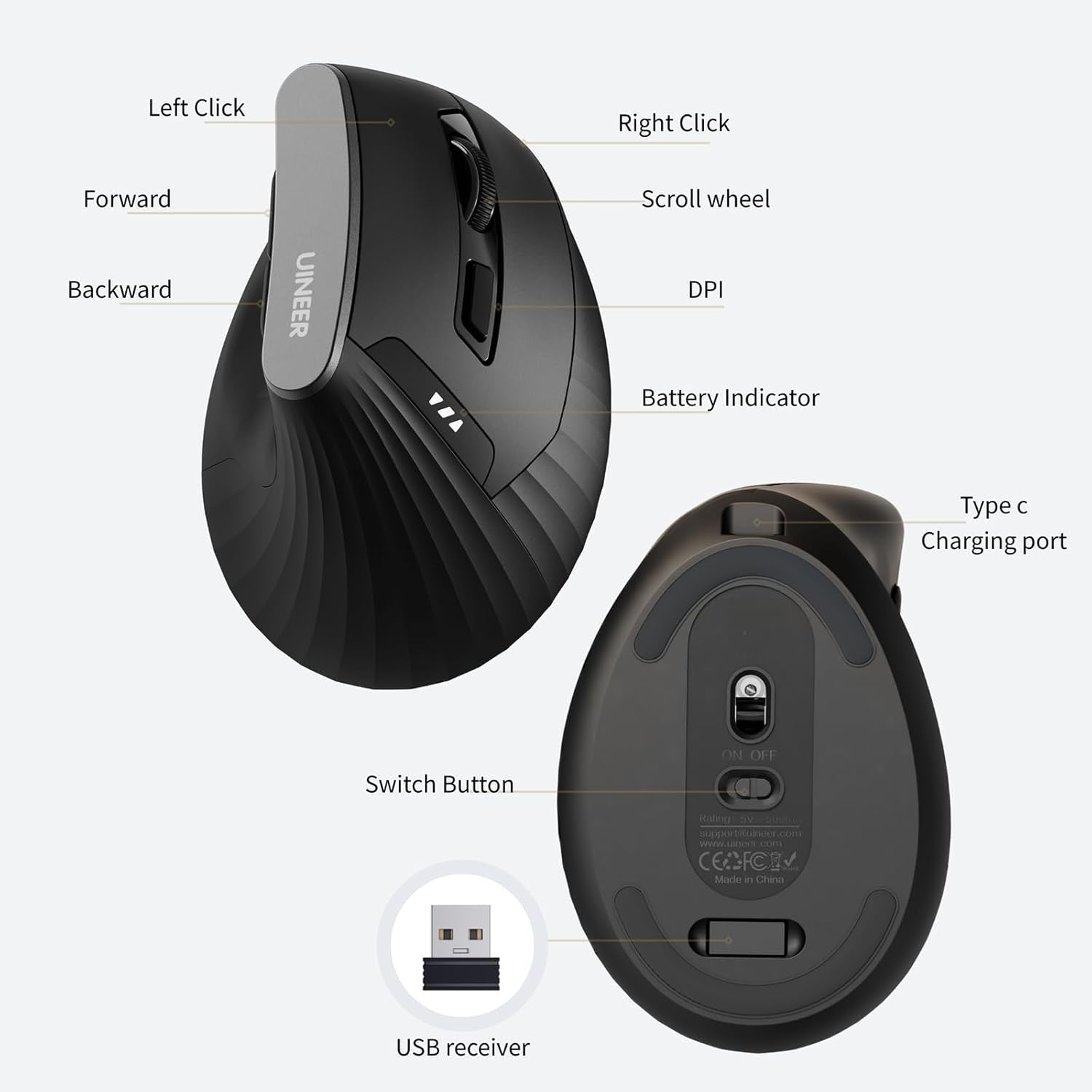 Ergonomic Vertical Wireless Mouse Rechargeable Bluetooth 5 Button