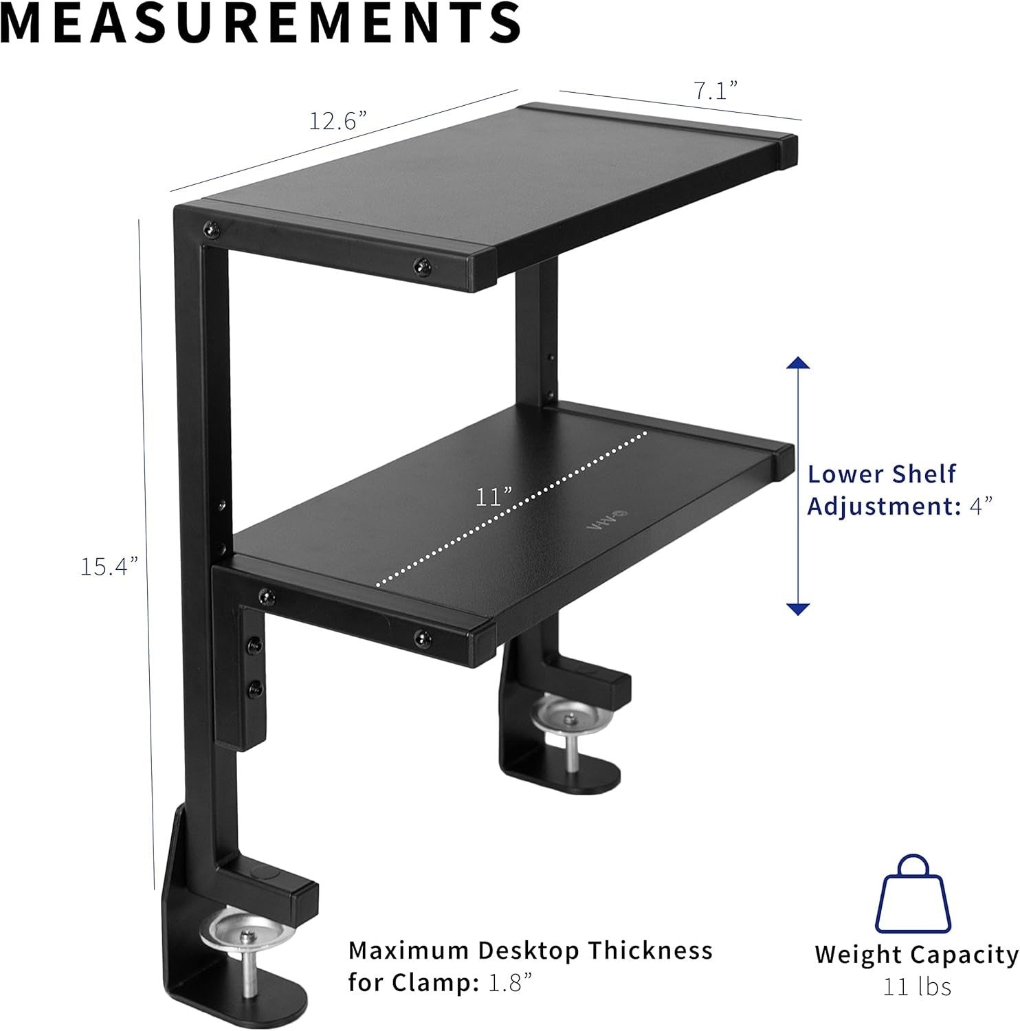 Clamp-On Desk Shelf 2-Tier 33cm Above/Below Mount Organizer for Office & Gaming