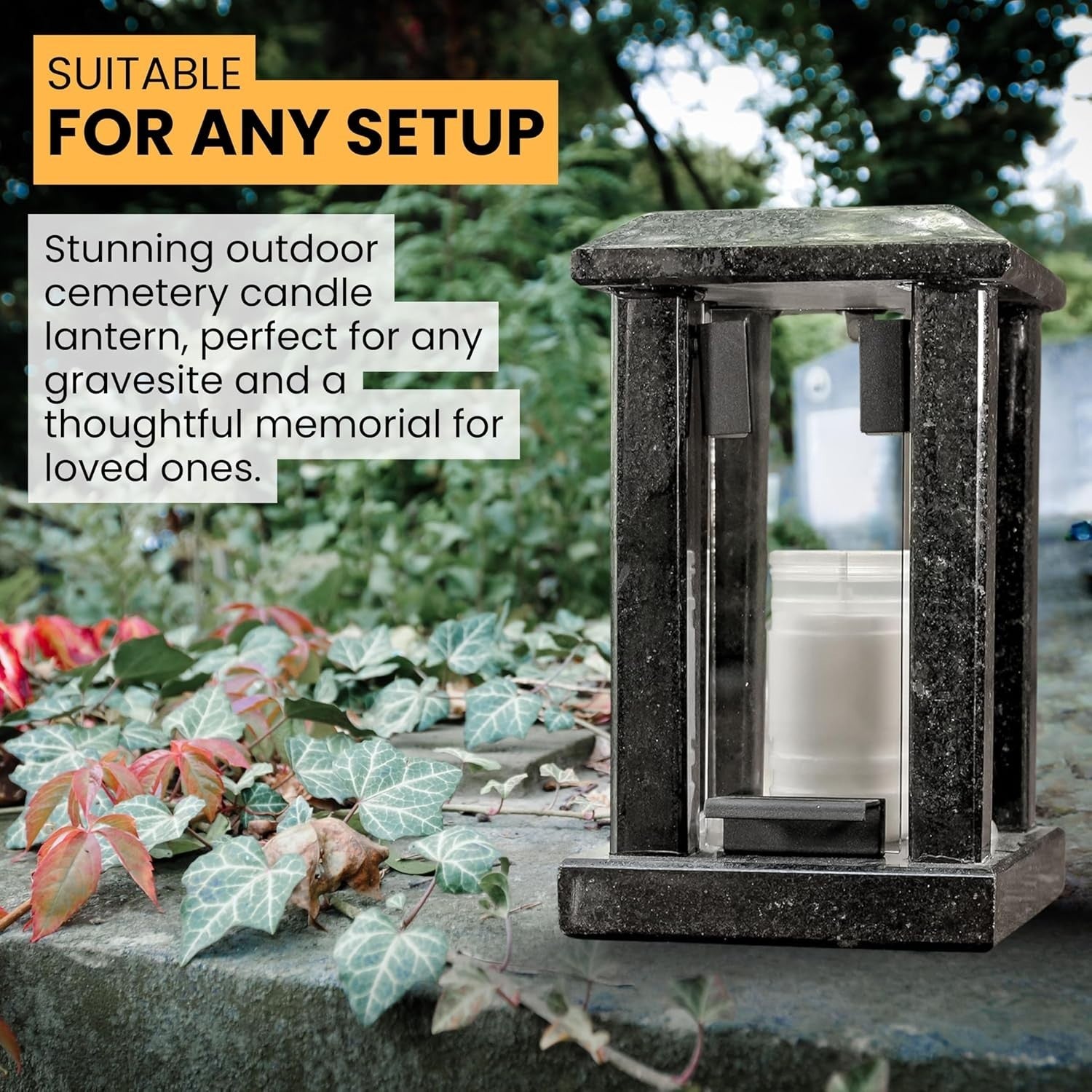 Large Black Granite Candle Lantern 32cm Square Polished Decor