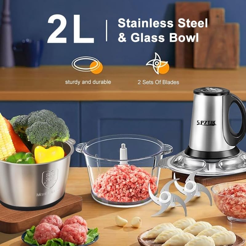 8 Cup Food Processor 300W Meat Grinder Dual Bowl 3 Speed Chopper