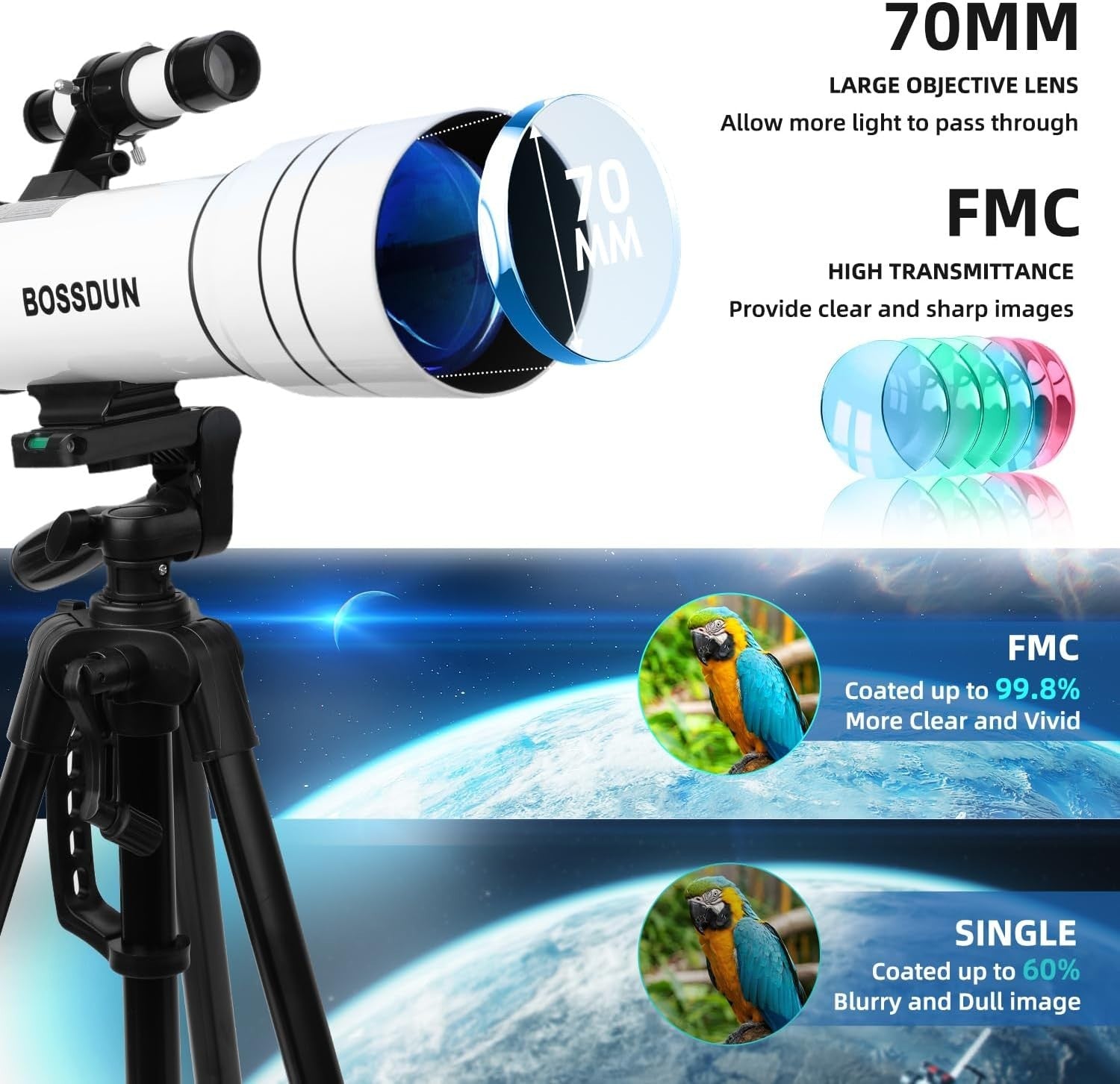 70mm Refractor Telescope Adults Kids Astronomy 400mm HD FMC Tripod Phone Adapter