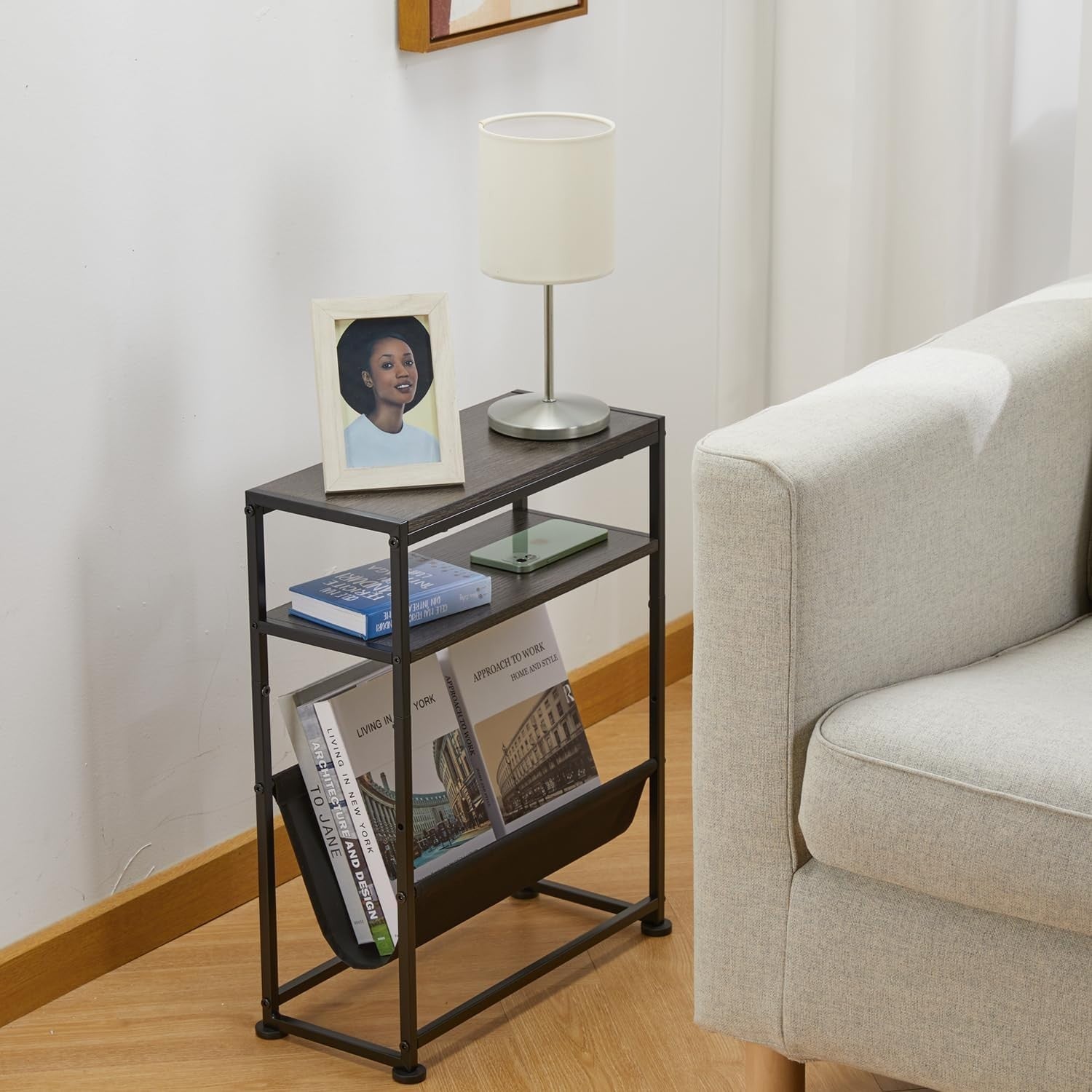 Narrow Side Table with Storage – Slim Grey End Table for Small Spaces & Sofa