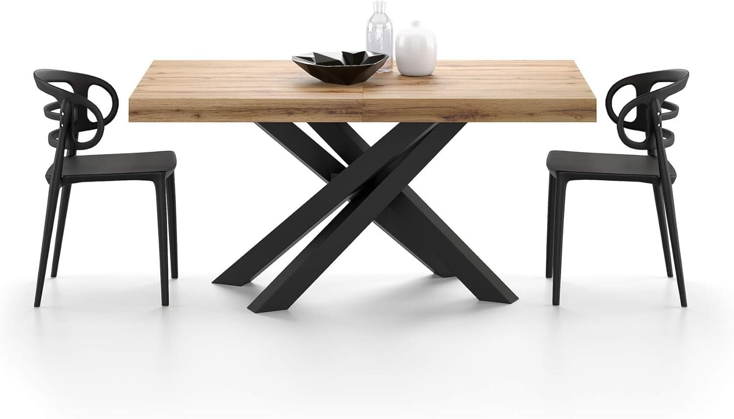 Extendable Walnut Dining Table 160–240cm w/ Rustic oak Cross Black Legs Modern