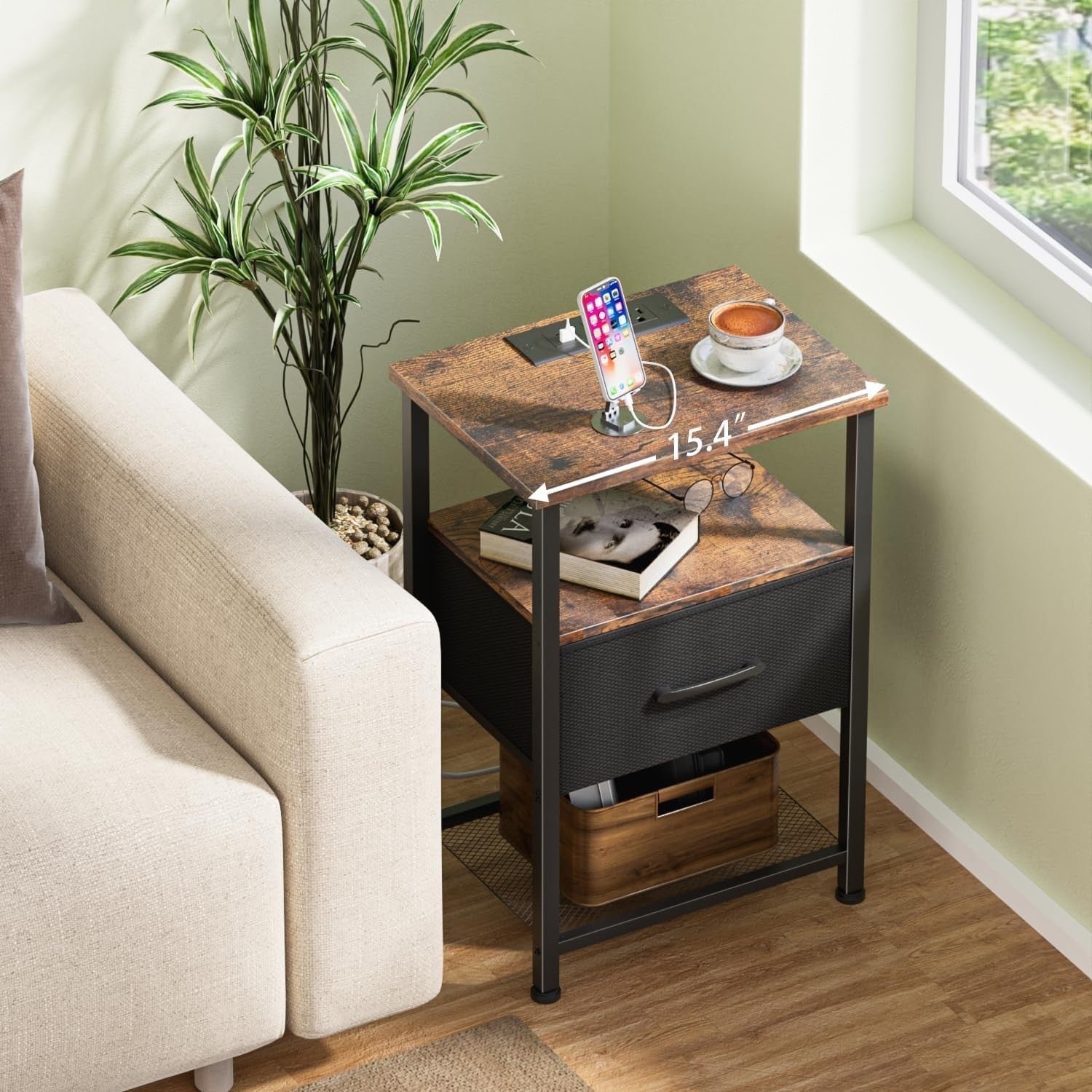 Set of 2 Rustic Brown LED Bedside Tables with Drawer, USB Ports & Power Outlets