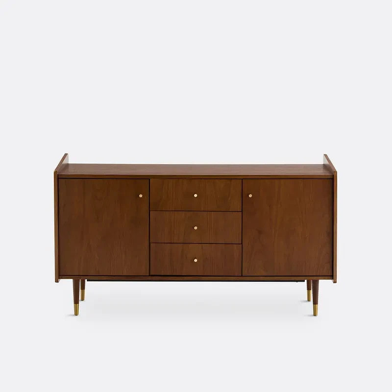 Mid Century Walnut Sideboard with Brass Legs & Storage Drawers