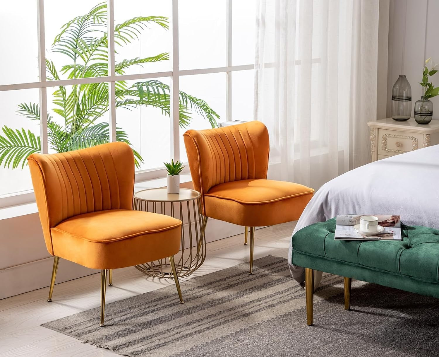 Orange Velvet Accent Chair Gold Metal Legs Lounge Tub Seat