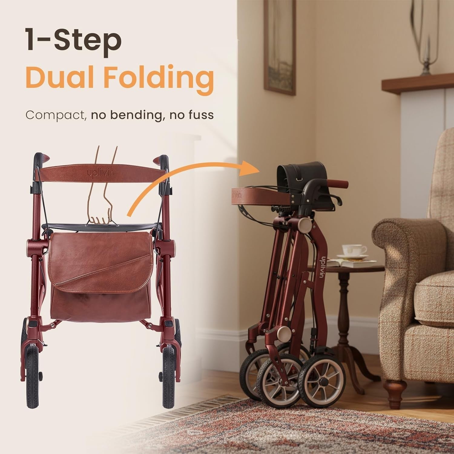 Luxury Lightweight Rollator Walker Seat 4 Wheel Dual Folding Aluminium