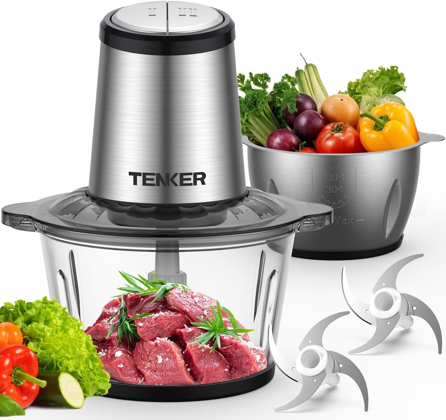 500W Food Processor Meat Grinder Chopper 2x2L Bowls 2 Speed Black