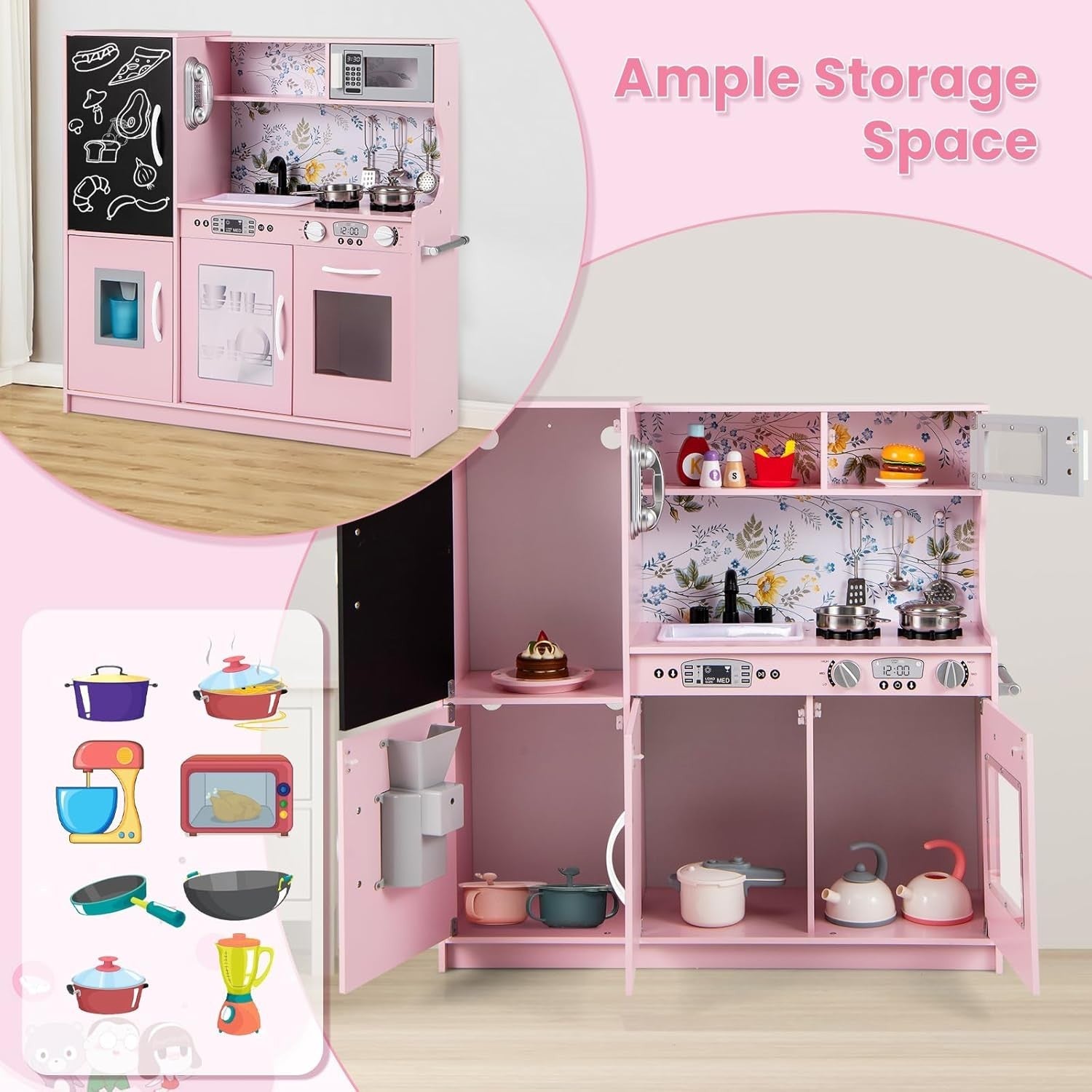 Wooden Kids Play Kitchen Pink Ice Maker Cooker Toy Set w Accessories