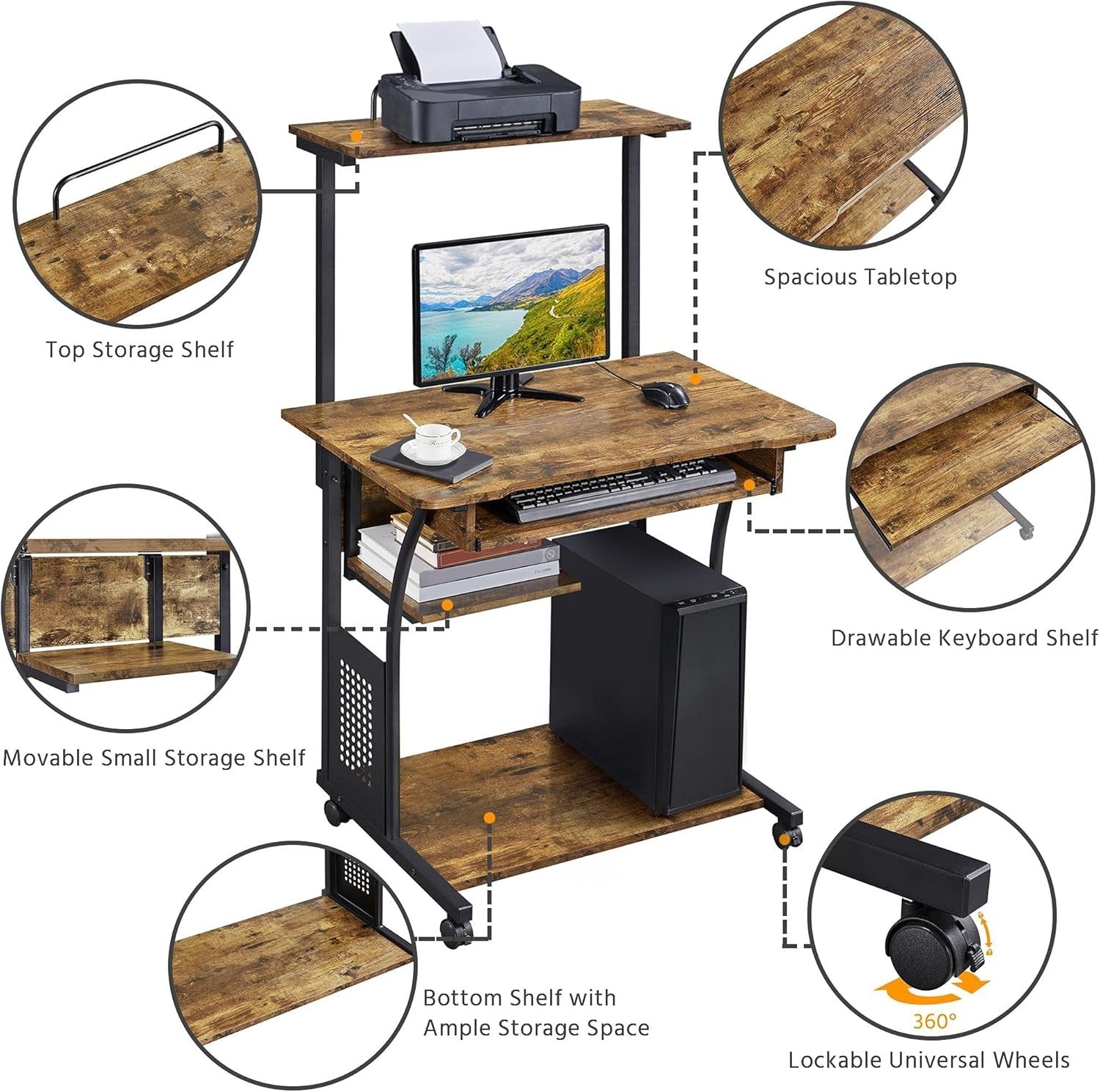 3 Tier Computer Desk with Printer Shelf Keyboard Tray Rolling Home