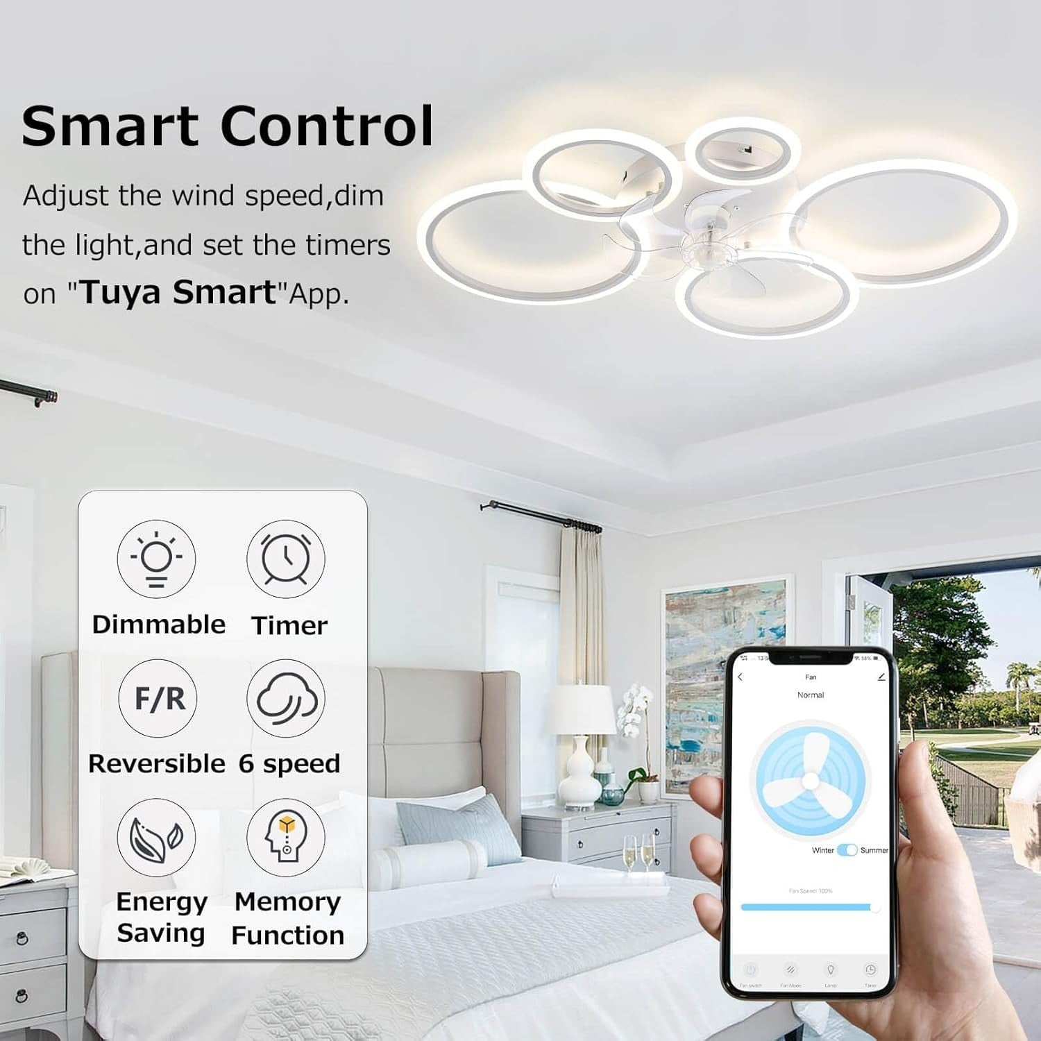 Smart Ceiling Fan with Light, 6-Speed, Dimmable, Reversible, 100cm, Black
