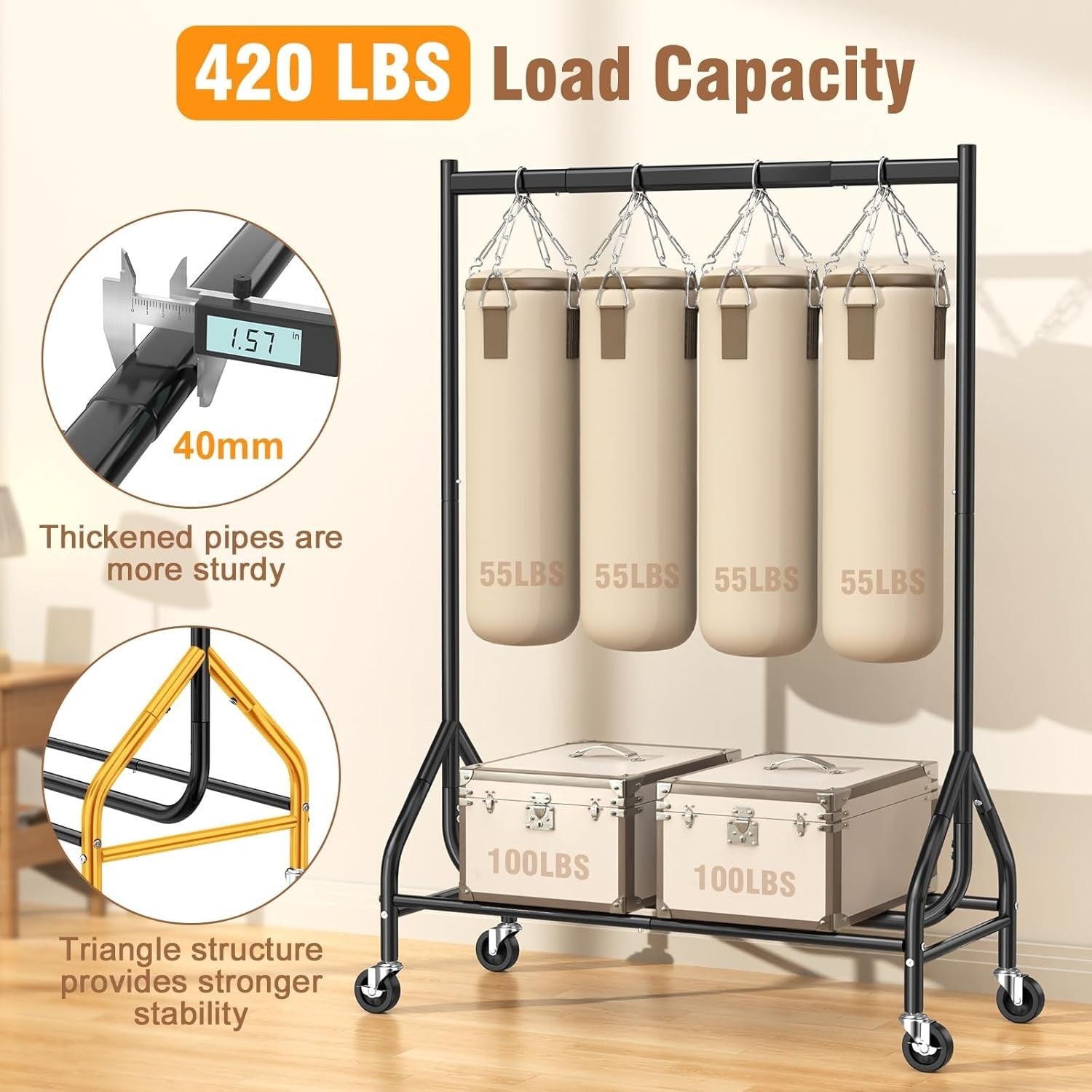 Heavy Duty 180KG Clothes Rail With Wheels Metal Rack Black