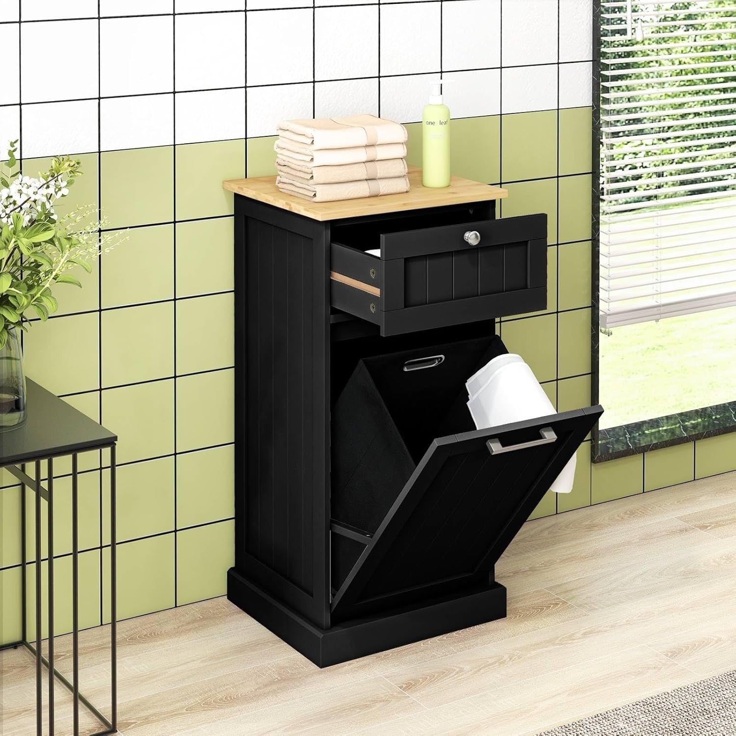 Black Tilt-Out Laundry Hamper Cabinet with Drawer 30L Basket Bathroom Unit