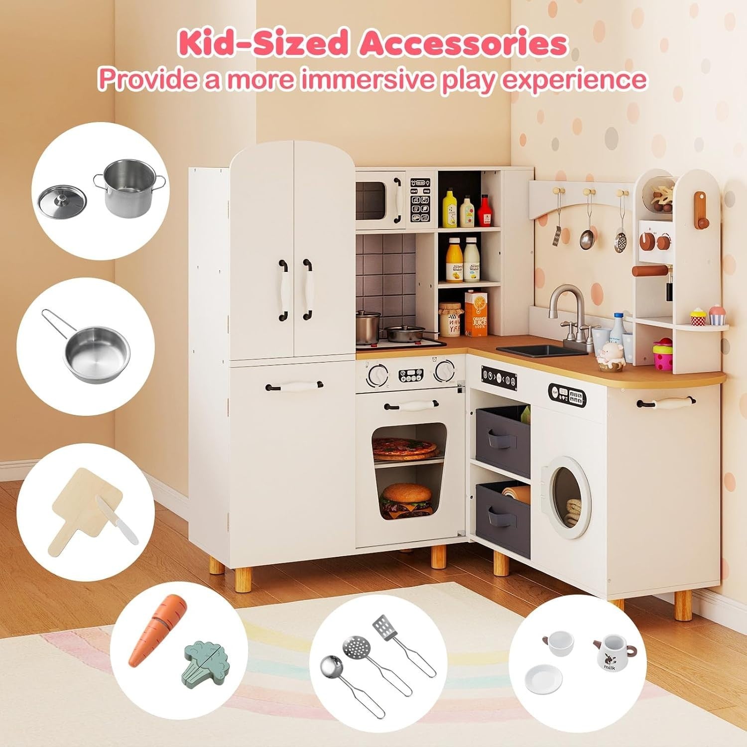 Corner Kids Play Kitchen White w/ Fridge Washer Coffee Maker Set