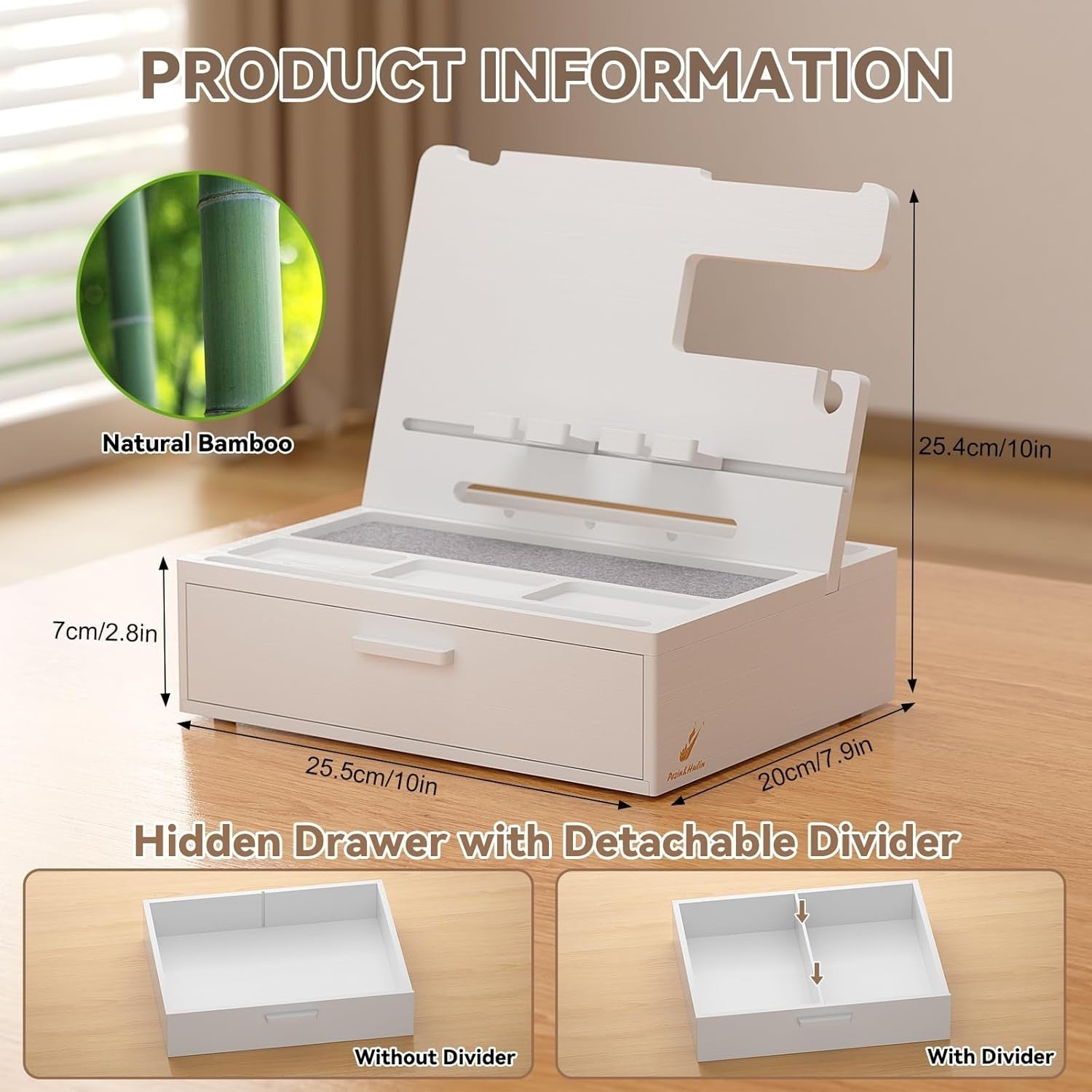 Bamboo Nightstand Organizer Tray with Drawer & Phone Dock for Multi-Device