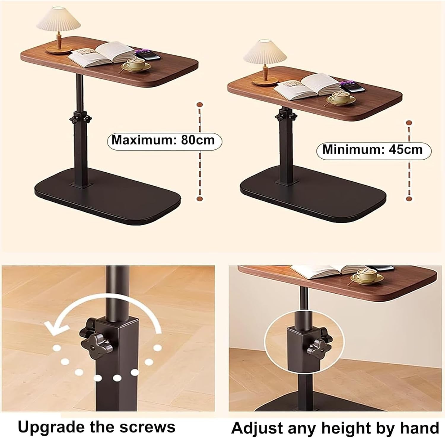 Walnut Lift Top Laptop Side Table Adjustable Height 360° Swivel C Shape