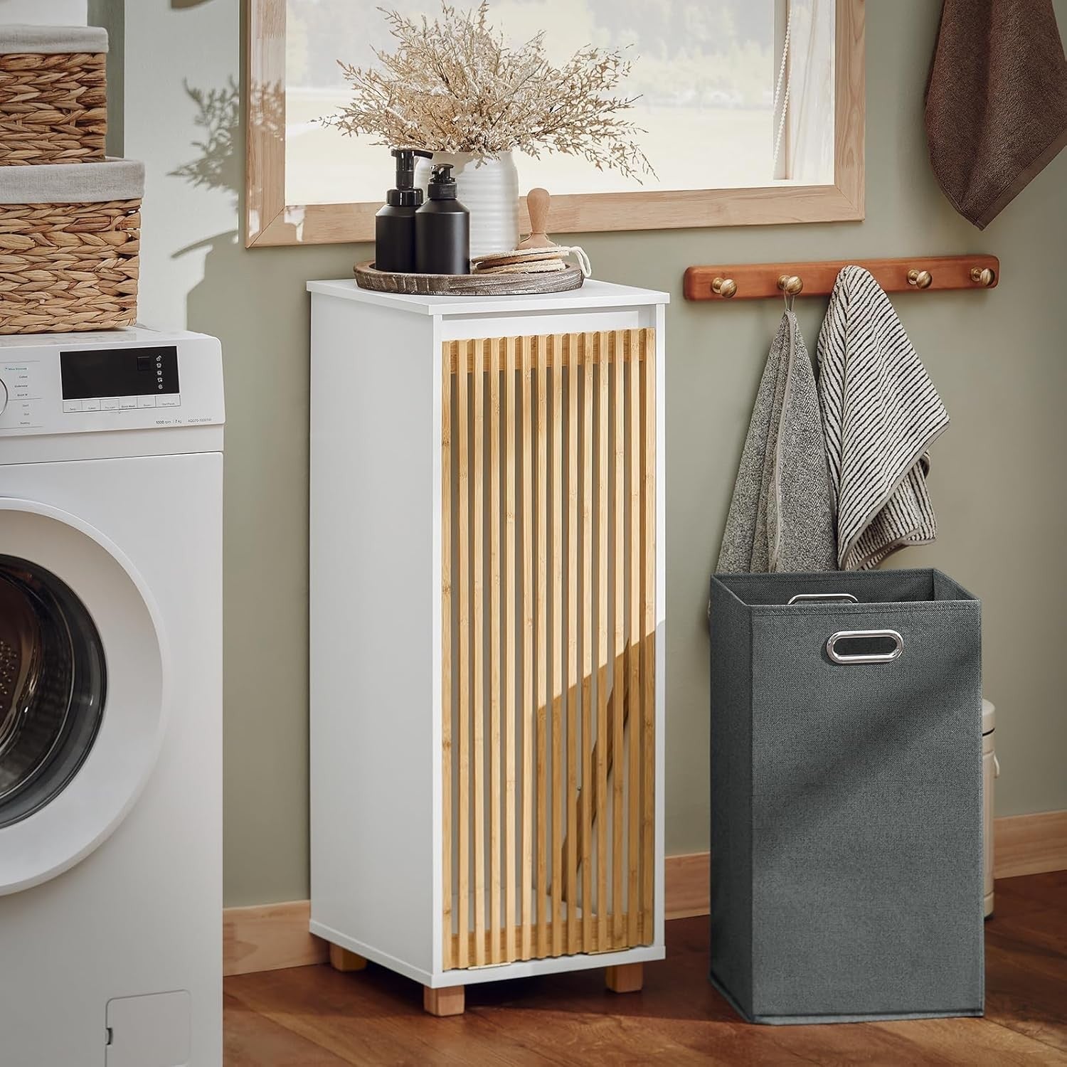 Slim Laundry Cabinet with Removable Basket Bathroom Storage Bamboo Door White