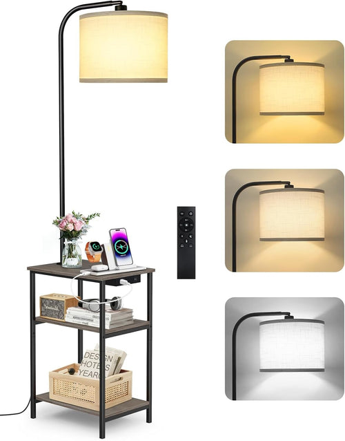 Floor Lamp with Table & Remote, Dimmable LED, USB Charging, Grey