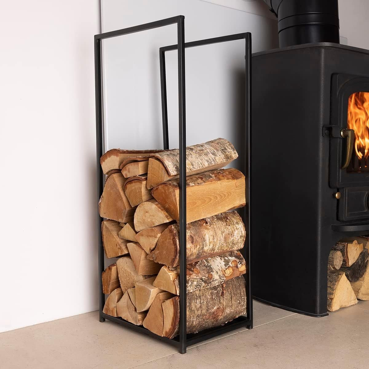 High Capacity Black Matte Iron Log Holder with Solid Base, 10kg Storage