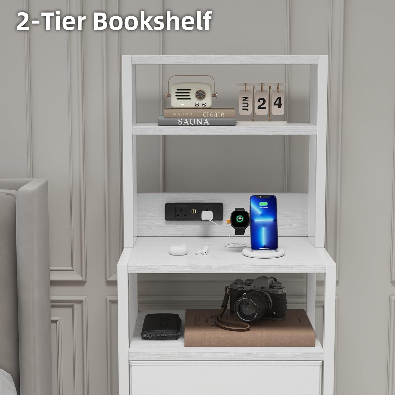 White Bedside Table with Charging Station, LED Light & Drawer Storage 100cm