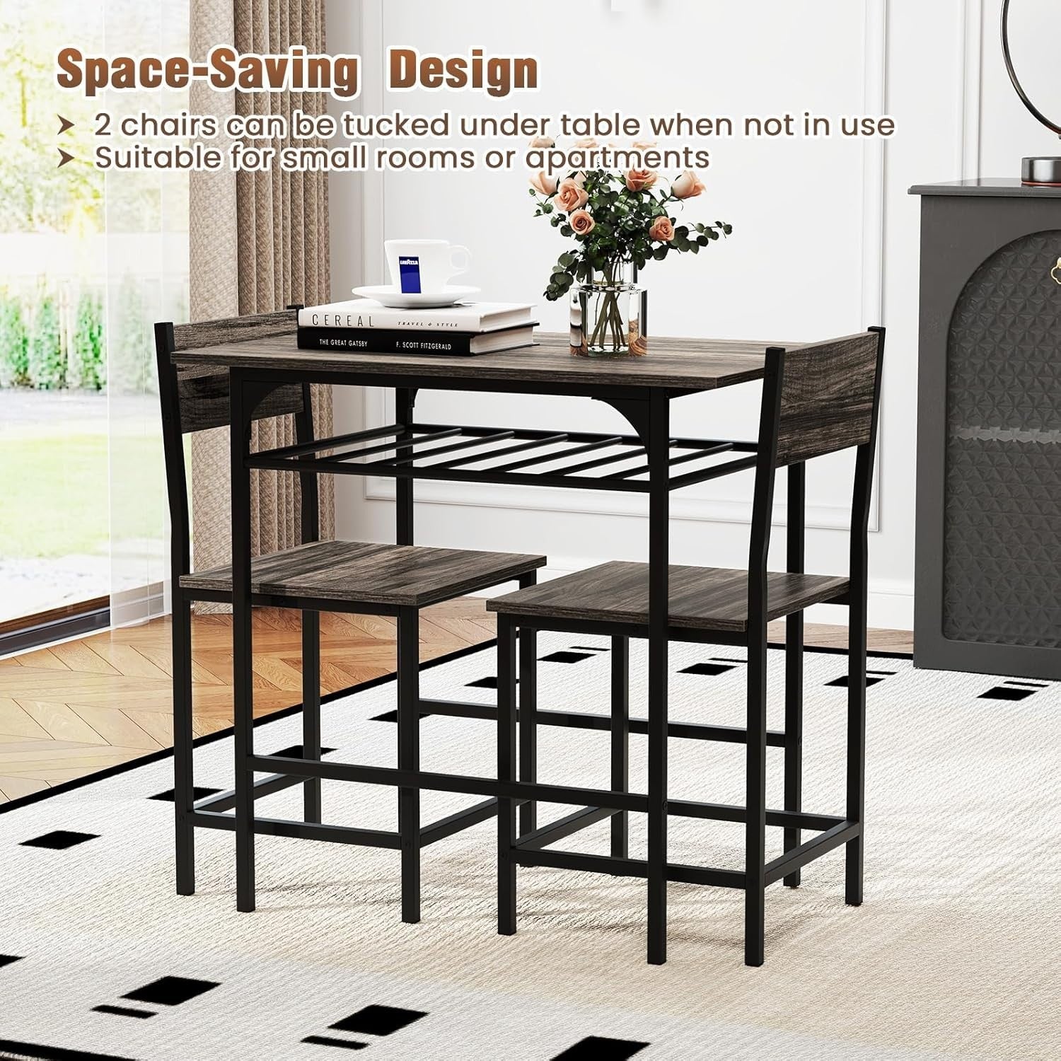 Grey 3-Piece Dining Table Set with 2 Chairs & Storage Rack Kitchen Bistro
