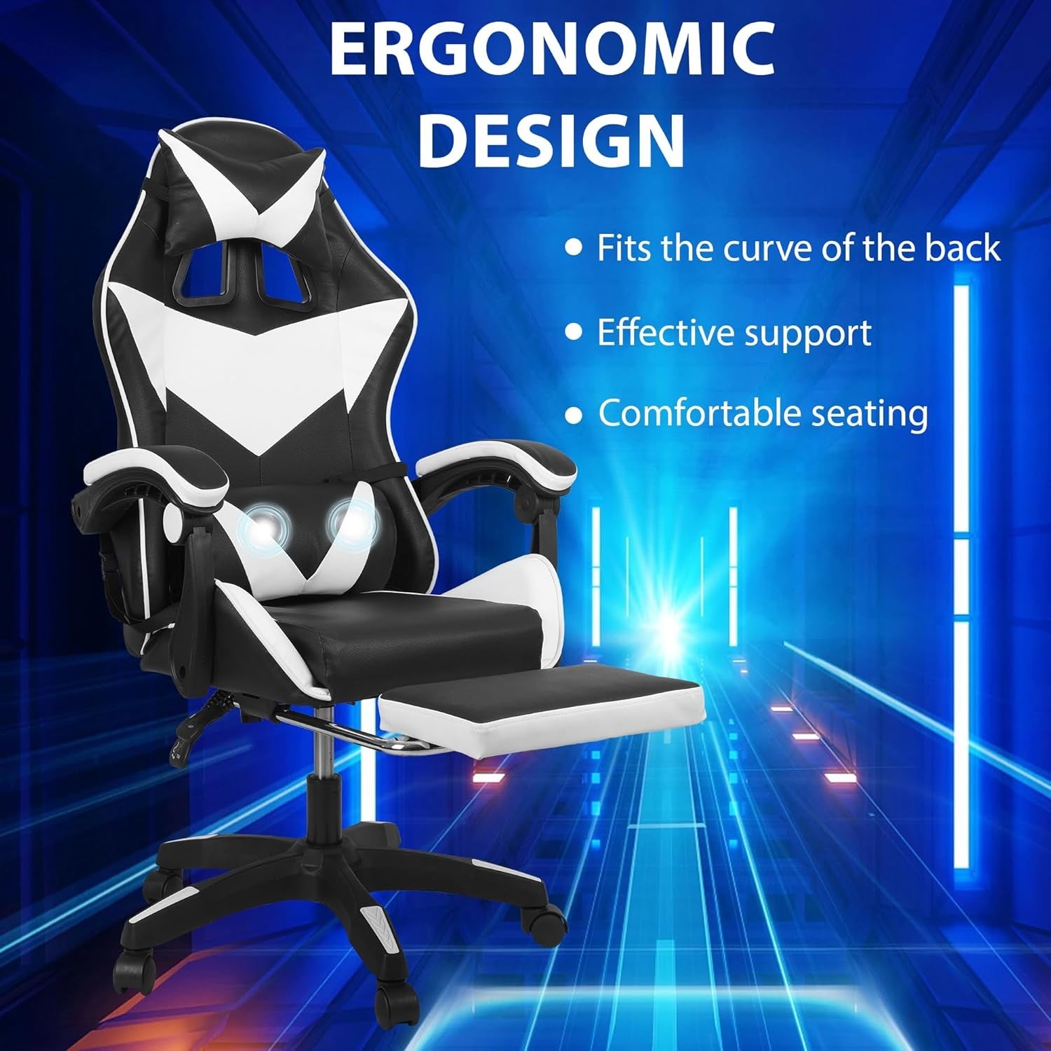 Ergonomic Gaming Chair Massage Reclining Footrest Black White