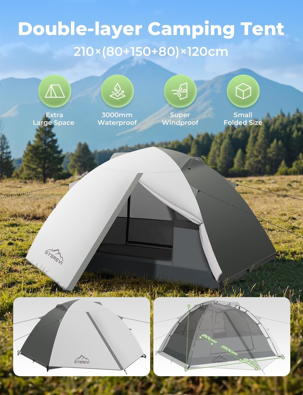 Grey 1-2 Man Waterproof Camping Tent – Lightweight Dome Tent PU3000