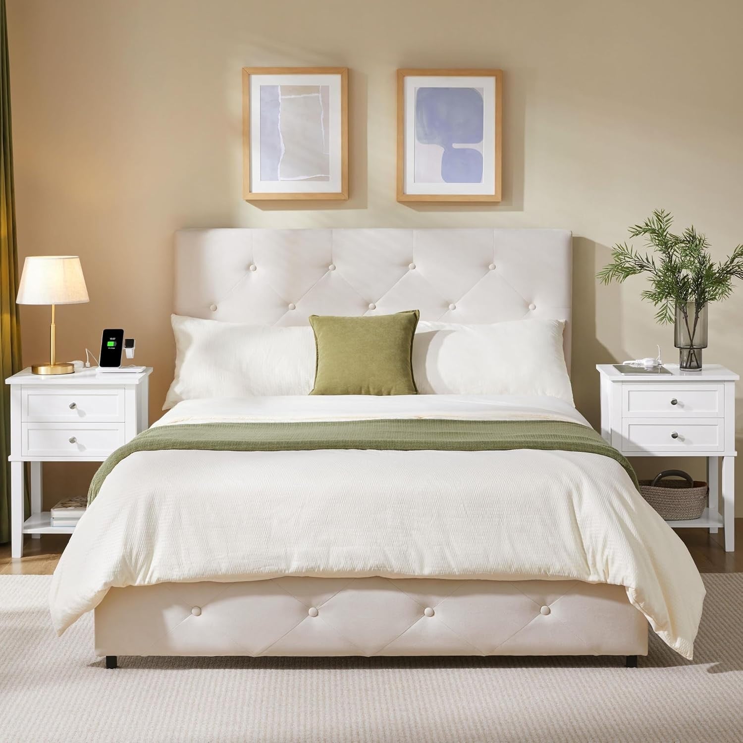 White Bedside Tables Set of 2 with Charging Station, 2 Drawers & Shelf