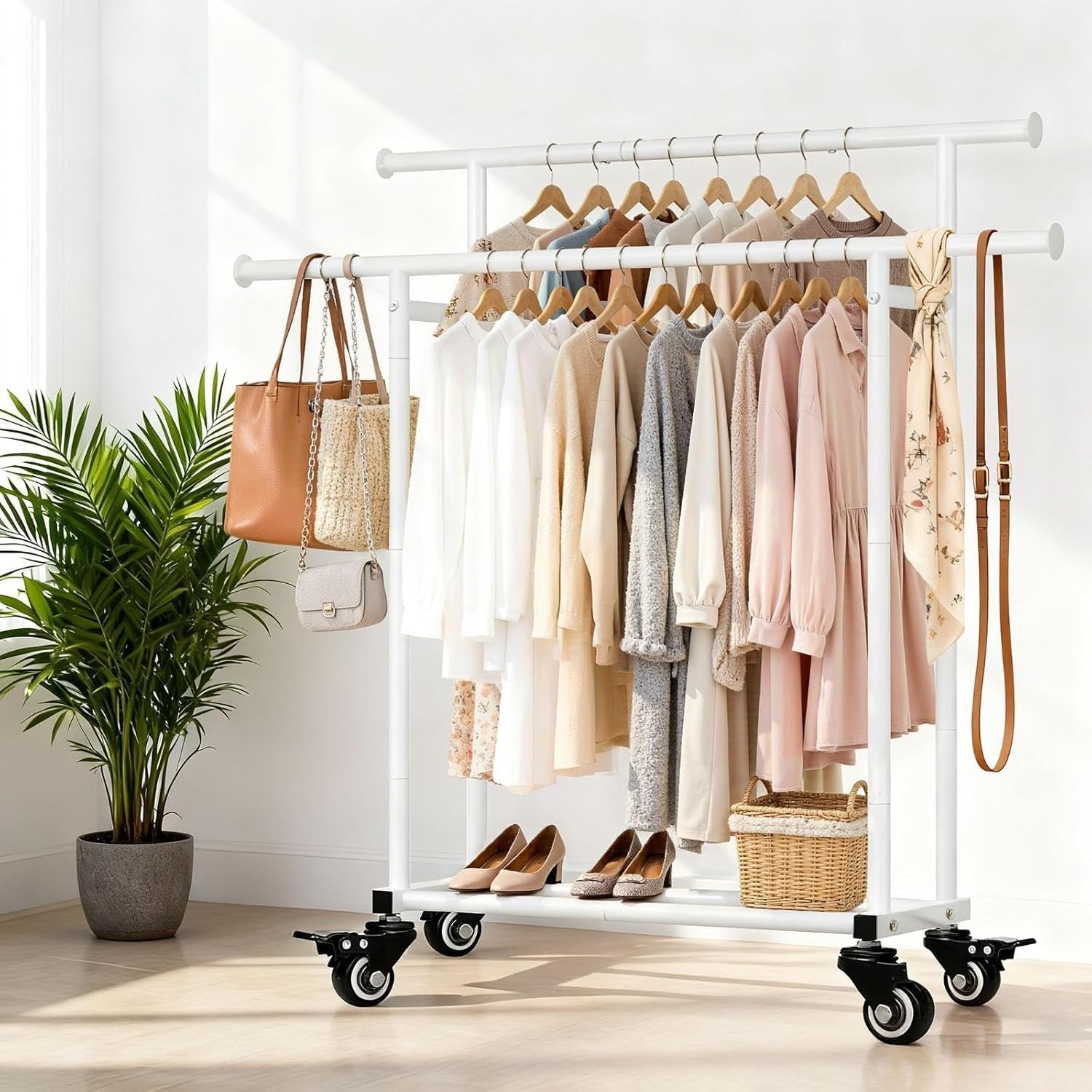 Heavy Duty Double Rail Clothes Rack with Wheels & Shelf – White