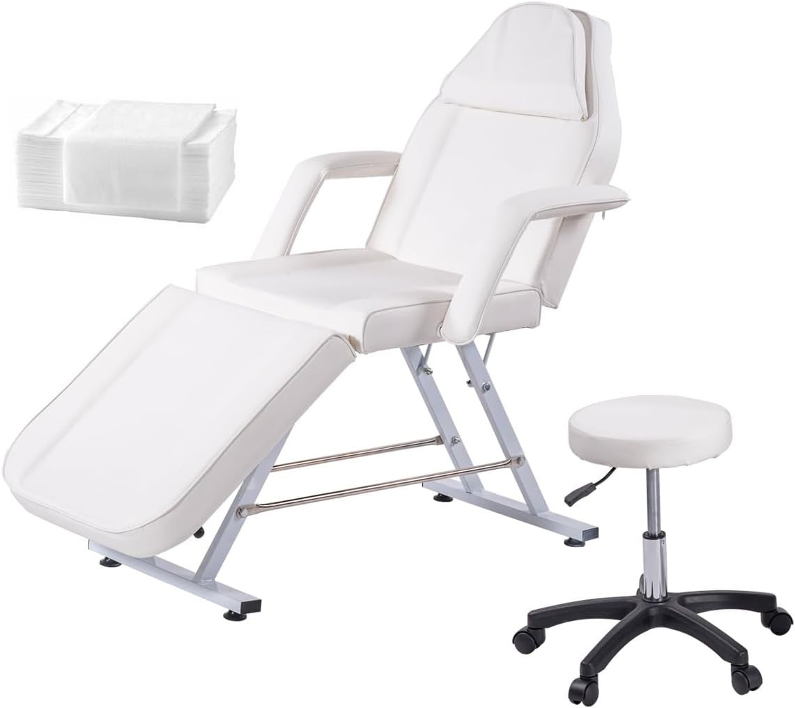 3-Section Beauty Massage Bed Adjustable Therapy Chair w/ Stool & Sheets White