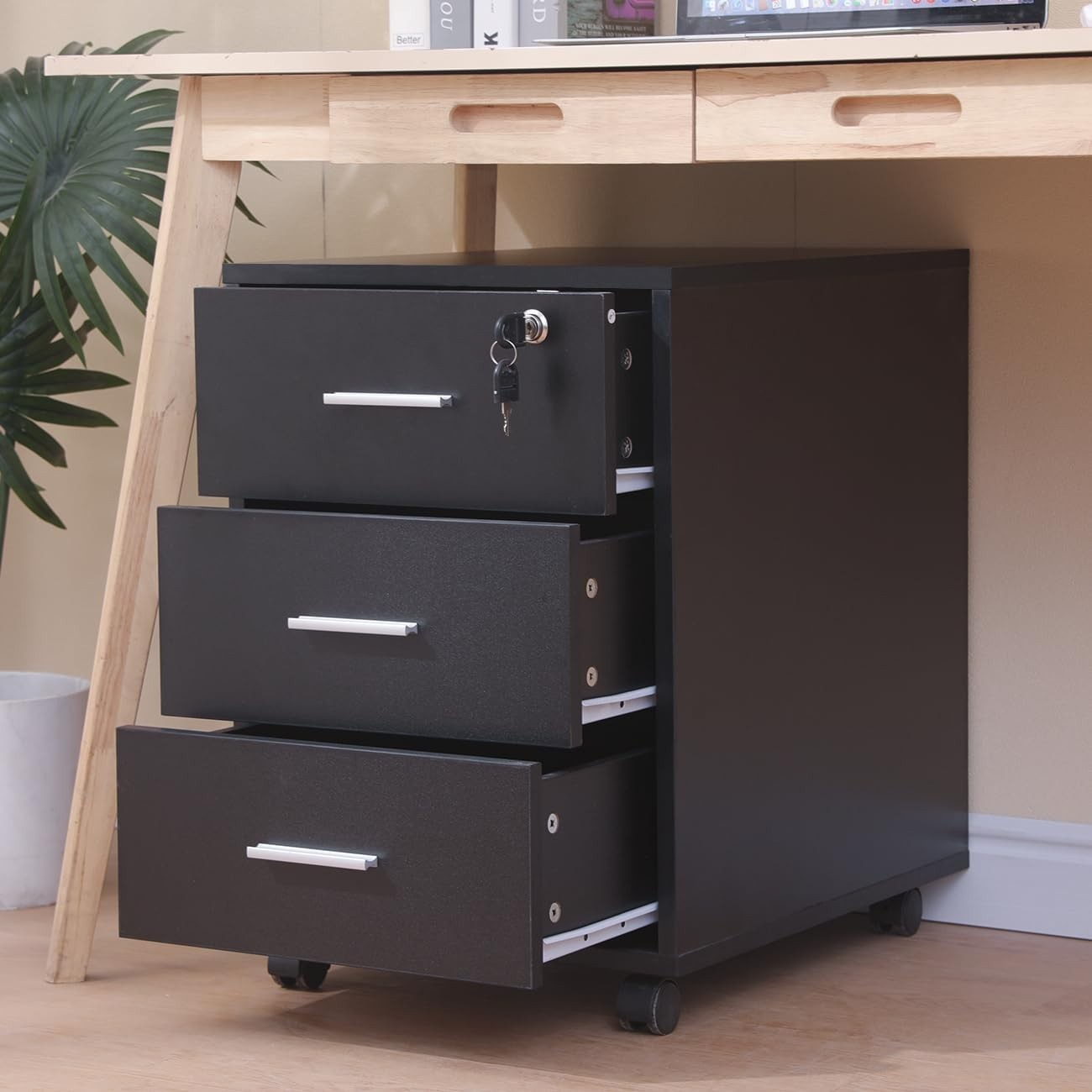 Black Locking Rolling Desk Pedestal 3 Drawer Under Desk File Cabinet